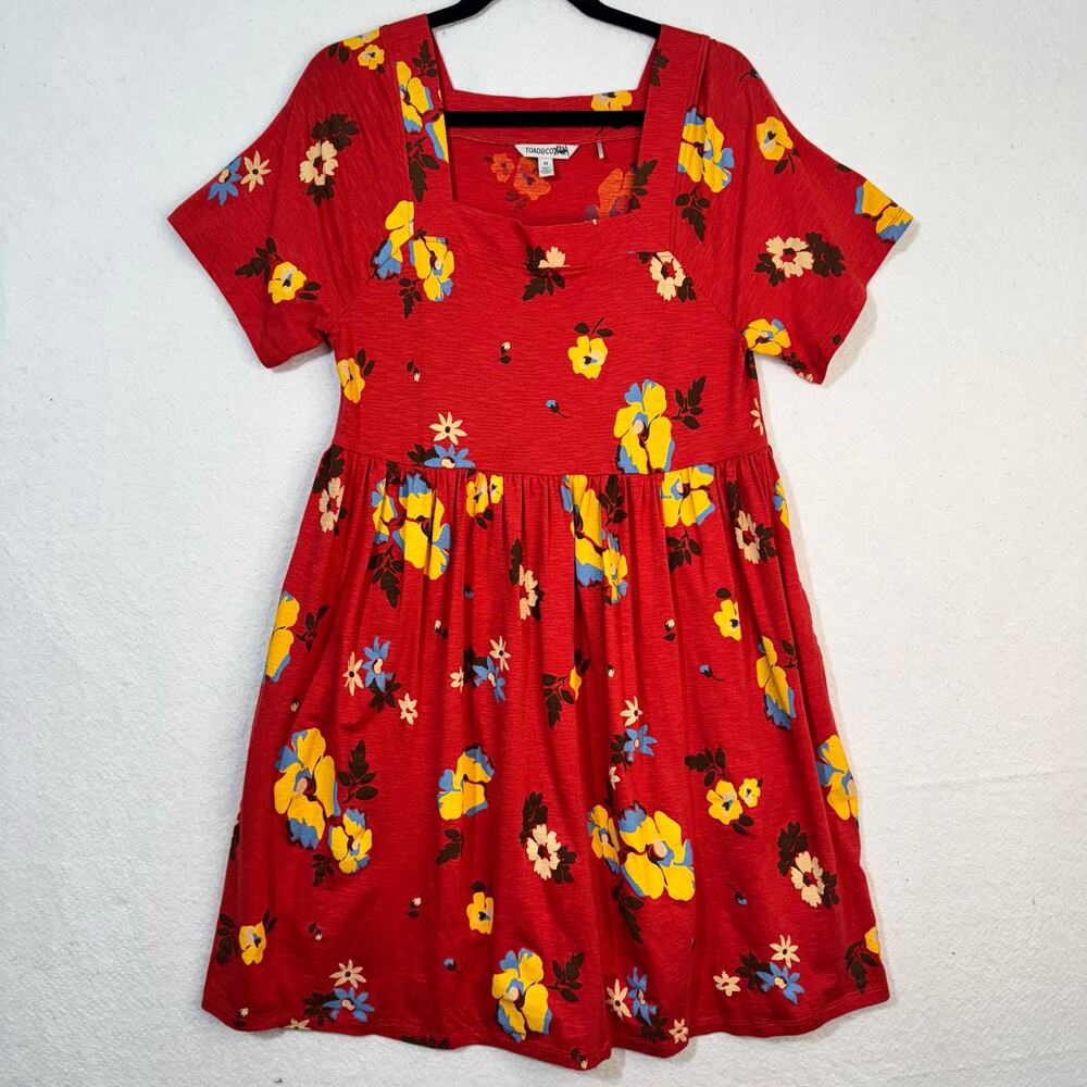 Toad & Co Sora Short Sleeve Babydoll Red Dress Yellow/Blue Florals Size Medium